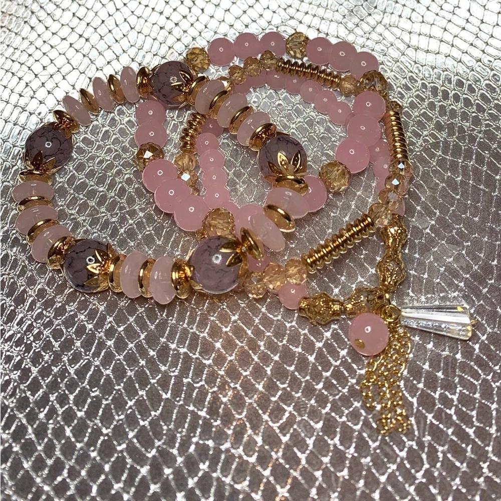 FRIENDSHIP BRACELETS 4 Strands Tan Crystal and Pink Stone Stretchy TAYLOR SWIFT